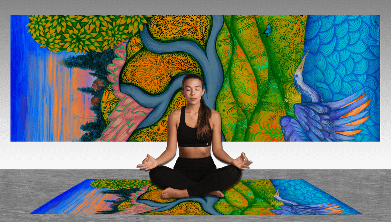 Autumn Yoga Mat designed by Indian-American-Jewish artist, Siona Benjamin. Made in the USA with eco friendly materials