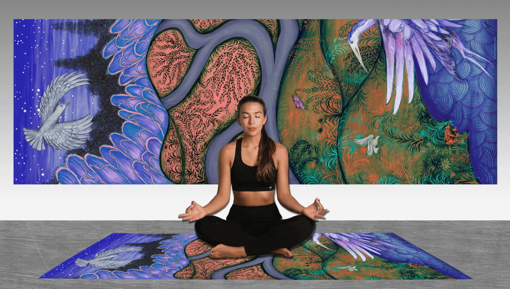 Blue Night Yoga Mat designed by Indian-American-Jewish artist, Siona Benjamin. Made in the USA with eco friendly materials