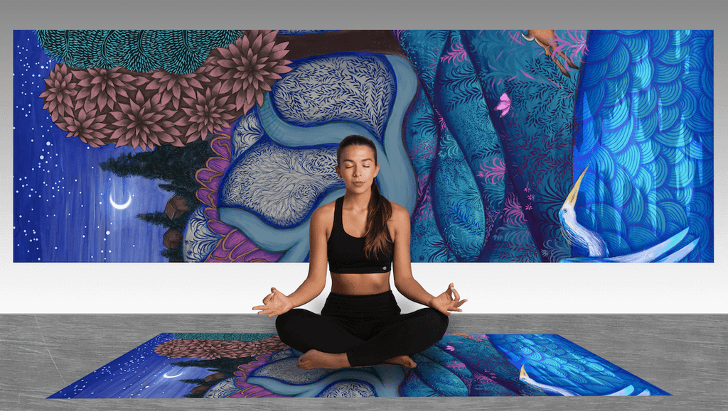 Pink Night Yoga Mat designed by Indian-American-Jewish artist, Siona Benjamin. Made in the USA with eco friendly materials